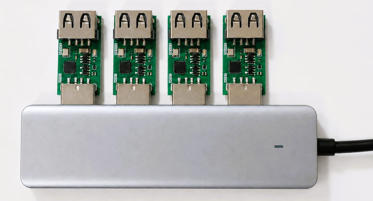 Four independently managed Peachoid Labs modules connected through a USB hub